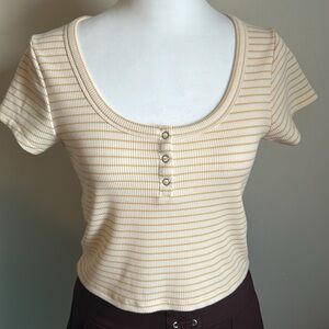 Cotton On Stripe Crop Scoop Neck Ribbed  1/4 Snap Front Tee